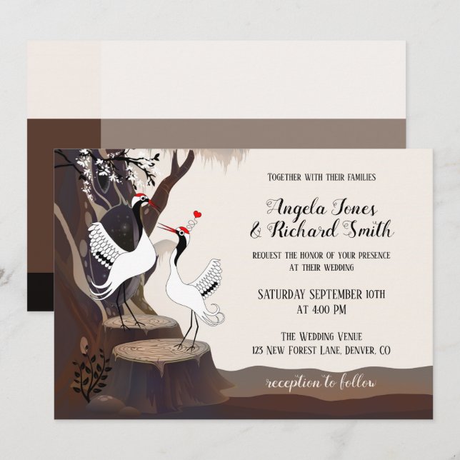 Whimsical Japanese Cranes Wedding Invitation (Front/Back)