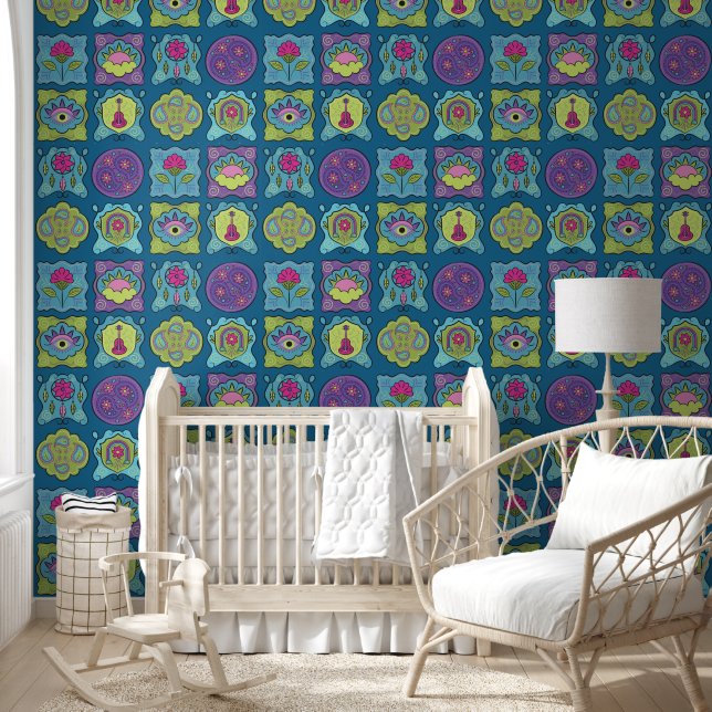 Whimsical Jewel Tones Hand drawn Boho Frames blue Wallpaper (Kids)