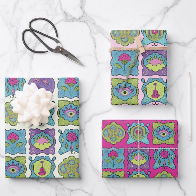 Whimsical Jewel Tones Hand drawn Boho Frames Wrapping Paper Sheet (Front)