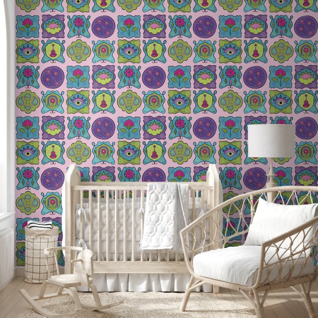 Whimsical Jewel Tones Hand drawn Boho pink Wallpaper (Kids)