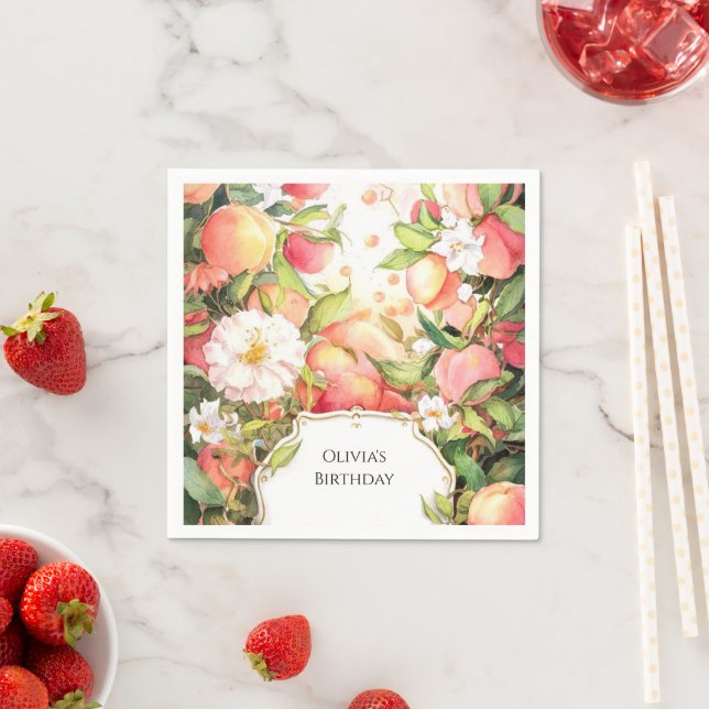 Whimsical Juicy Peach Birthday Napkin (Insitu)
