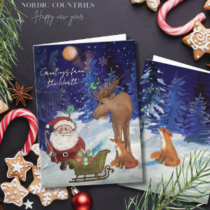Whimsical Julenisse,Nordic Moose & Fox Winter Holiday Card