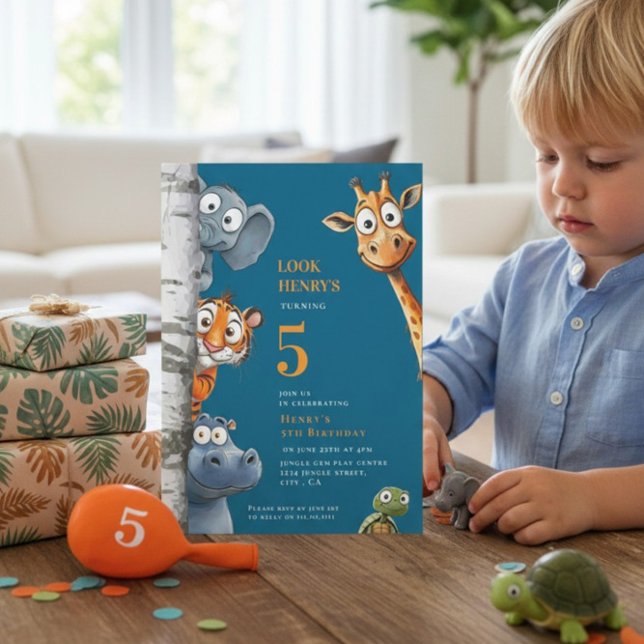 Whimsical Jungle Animals Blue Birthday Invitation (Creator Uploaded)