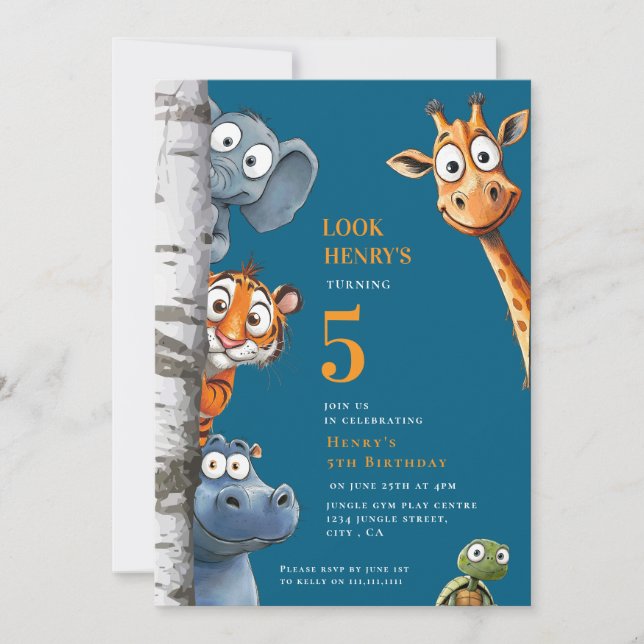 Whimsical Jungle Animals Blue Birthday Invitation (Front)