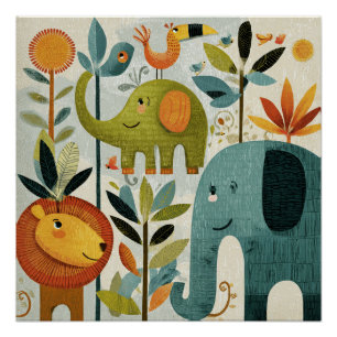 Whimsical Jungle Animals Nursery Wall Art