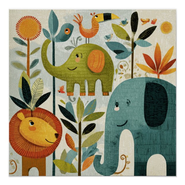Whimsical Jungle Animals Nursery Wall Art (Front)