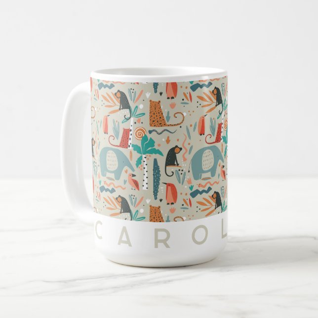 Whimsical Jungle Animals Safari Custom Name Coffee Mug (Front Left)