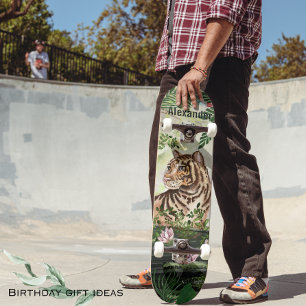 Whimsical Jungle Tiger tropical Leaves Skateboard