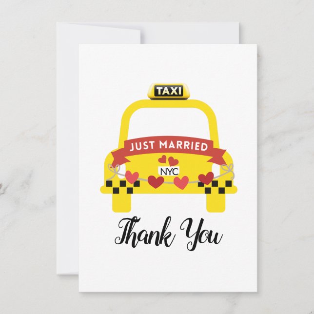 Whimsical Just Married Taxi Thank You Card (Front)