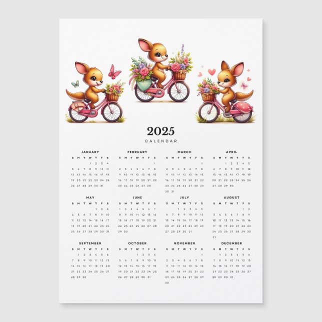 Whimsical Kangaroos Bicycles 2025 Magnet Calendar (Front)