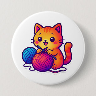 Whimsical Kawaii Cat Knitting Scene with Oversized 7.5 Cm Round Badge