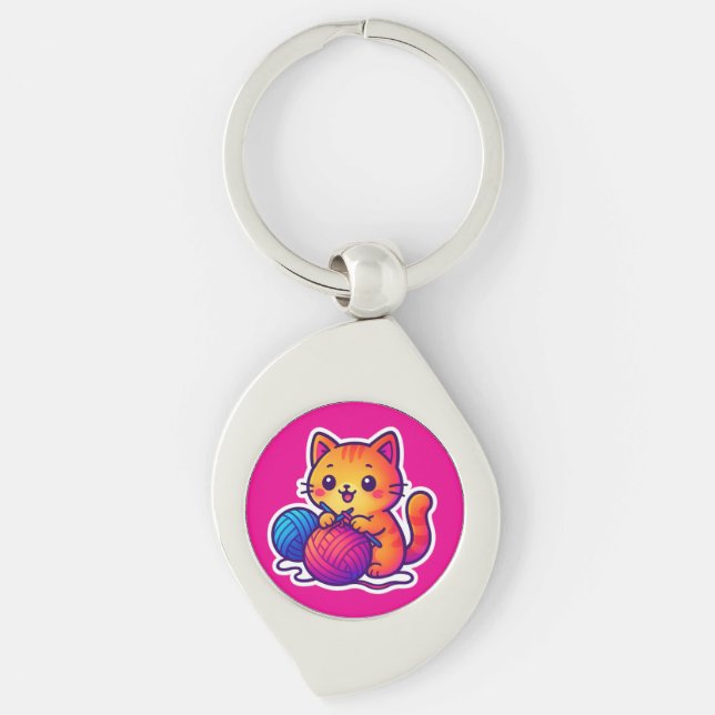 Whimsical Kawaii Cat Knitting Scene with Oversized Key Ring (Front)