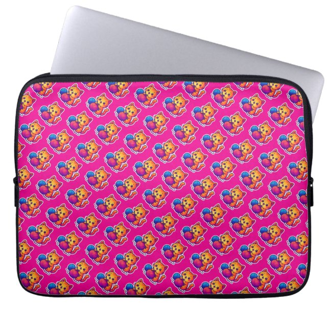Whimsical Kawaii Cat Knitting Scene with Oversized Laptop Sleeve (Front)