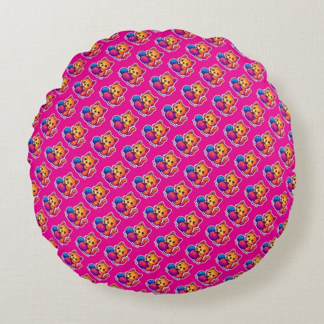 Whimsical Kawaii Cat Knitting Scene with Oversized Round Cushion (Front)