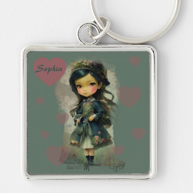 Whimsical Kawaii Fairy Tale Girl Key Ring (Front)