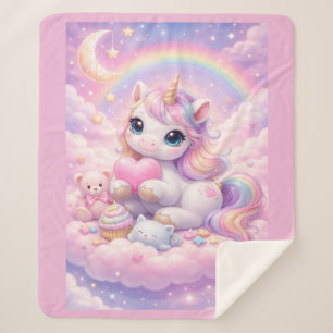 Whimsical Kawaii Pastel Unicorn & Friends On Cloud Sherpa Blanket