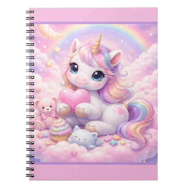 Whimsical Kawaii Unicorn & Friends Pastel Cloud Notebook (Front)