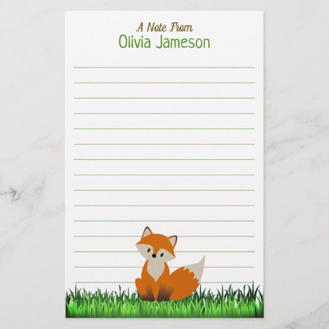 Whimsical Kid's Name FOX Lined Stationery (Front)