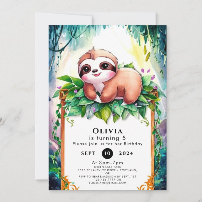Whimsical Kids Sloth Birthday Invitation (Front)