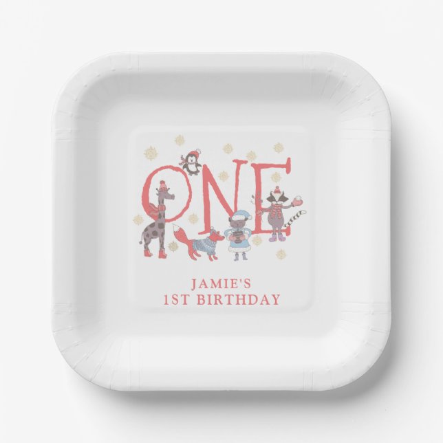 whimsical Kid's Winter 1st Birthday Party Paper Plate (Front)