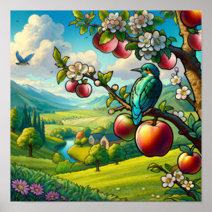 Whimsical Kingfisher Bird on Apple Tree Colourful Poster