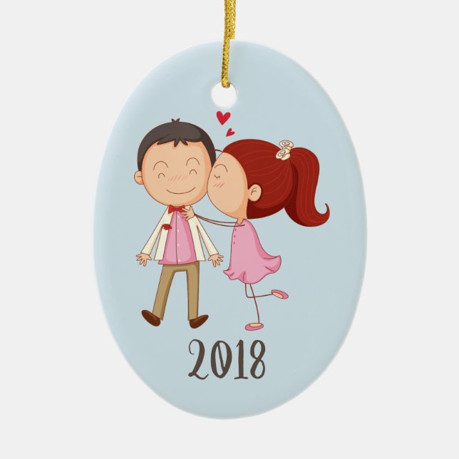 Whimsical Kissing Couple Keepsake Year Ceramic Tree Decoration (Front)