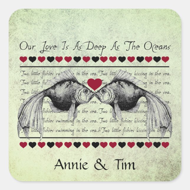 Whimsical Kissing Fish Valentine Custom Names Square Sticker (Front)