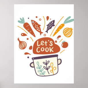 Whimsical Kitchen Scene with “Let’s Cook” Text –  Poster