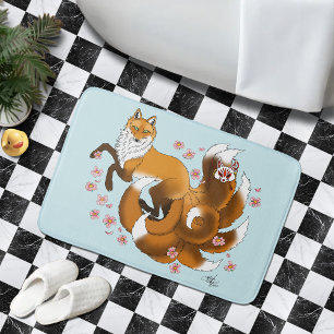 Whimsical Kitsune Fox Blue Cherry Blossoms Fantasy Bath Mat