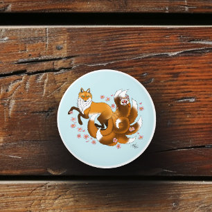 Whimsical Kitsune Fox Blue Cherry Blossoms Fantasy Ceramic Knob
