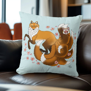 Whimsical Kitsune Fox Blue Cherry Blossoms Fantasy Cushion