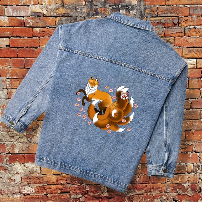 Whimsical Kitsune Fox Blue Cherry Blossoms Fantasy Denim Jacket (Creator Uploaded)