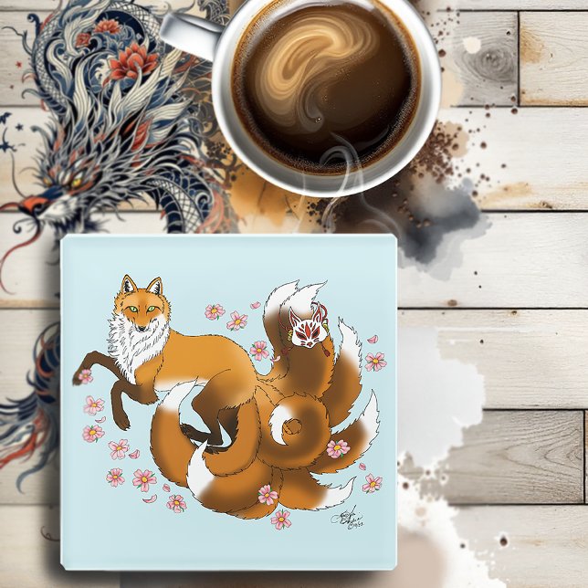 Whimsical Kitsune Fox Blue Cherry Blossoms Fantasy Glass Coaster (Creator Uploaded)