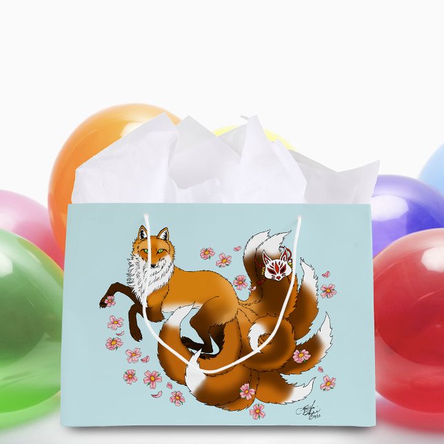 Whimsical Kitsune Fox Blue Cherry Blossoms Fantasy Large Gift Bag (Creator Uploaded)