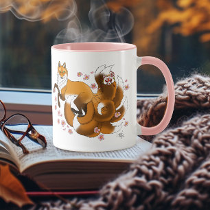 Whimsical Kitsune Fox Blue Cherry Blossoms Fantasy Mug