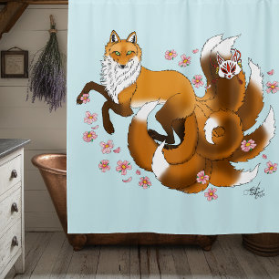 Whimsical Kitsune Fox Blue Cherry Blossoms Fantasy Shower Curtain