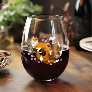 Whimsical Kitsune Fox Blue Cherry Blossoms Fantasy Stemless Wine Glass