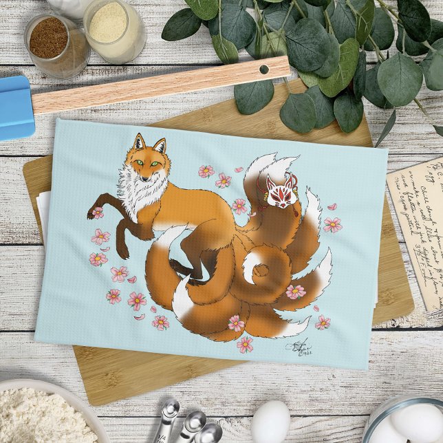 Whimsical Kitsune Fox Blue Cherry Blossoms Fantasy Tea Towel (Creator Uploaded)