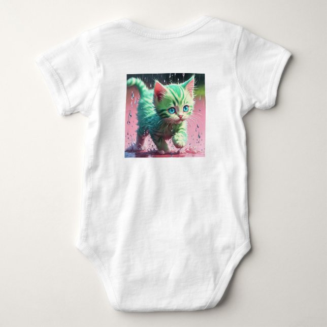 Whimsical Kitten Rain Run Baby Jersey Bodysuit (Back)
