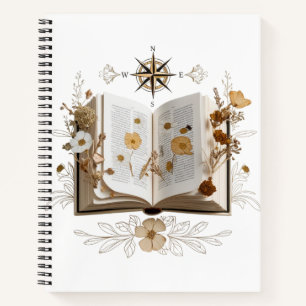 Whimsical Kitten & Vintage Pressed Flower Spiral Notebook