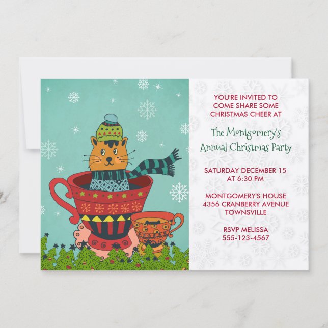 Whimsical Kitty Cat Sitting in a Teacup Xmas Party Invitation (Front)