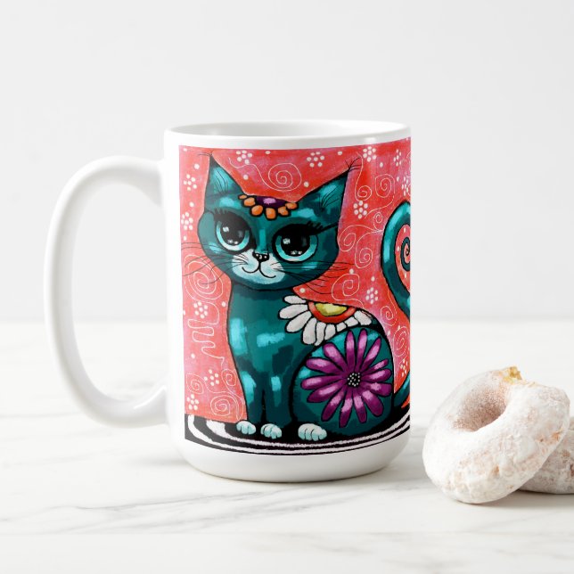 Whimsical Kitty Cat Sitting on Rug Floral Teal Coffee Mug (With Donut)