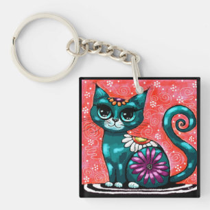 Whimsical Kitty Cat Sitting on Rug Floral Teal Key Ring