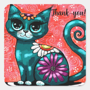 Whimsical Kitty Cat Sitting on Rug Floral Teal Square Sticker