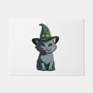 Whimsical Kitty Cute Grey Cat with Green Eyes and Doormat