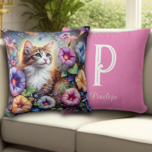 Whimsical Kitty Flower Garden Custom Monogram Cushion
