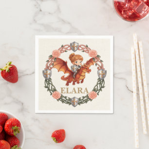 Whimsical Knight Girl and Dragon First Birthday Napkin