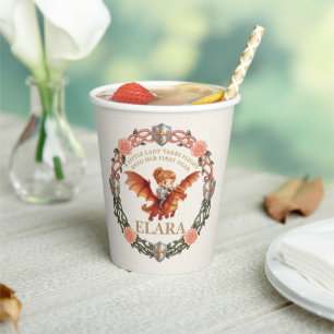 Whimsical Knight Girl and Dragon First Birthday Paper Cups