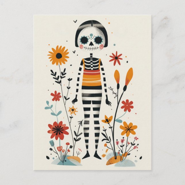 Whimsical La Catrina Floral Day of The Dead  Postcard (Front)