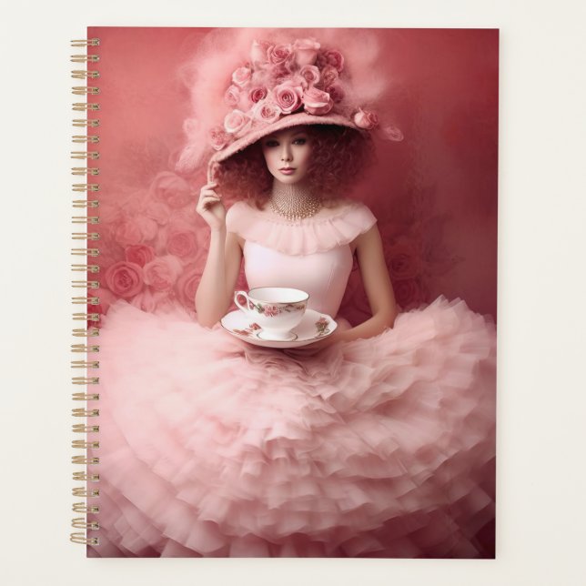 Whimsical Lady in Pink with Teacup Planner (Front)